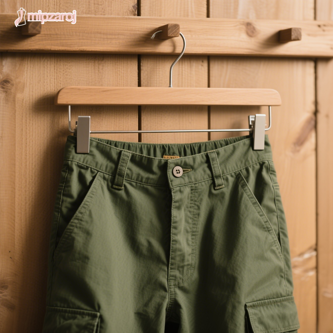 軍緑色のワークパンツ