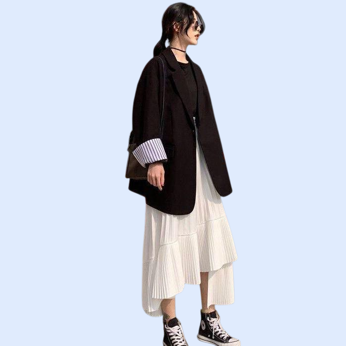 여름 하이웨이스트 디자인 플리츠 미디 스커트 여성용