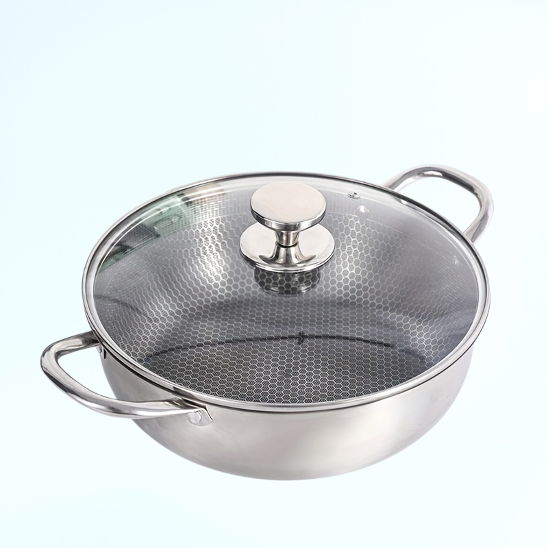 蓋とダブルハンドル付きの新しいステンレススチール製ハニカム鍋、平底スープ鍋、ノンスティックパン、電磁調理器用ユニバーサル