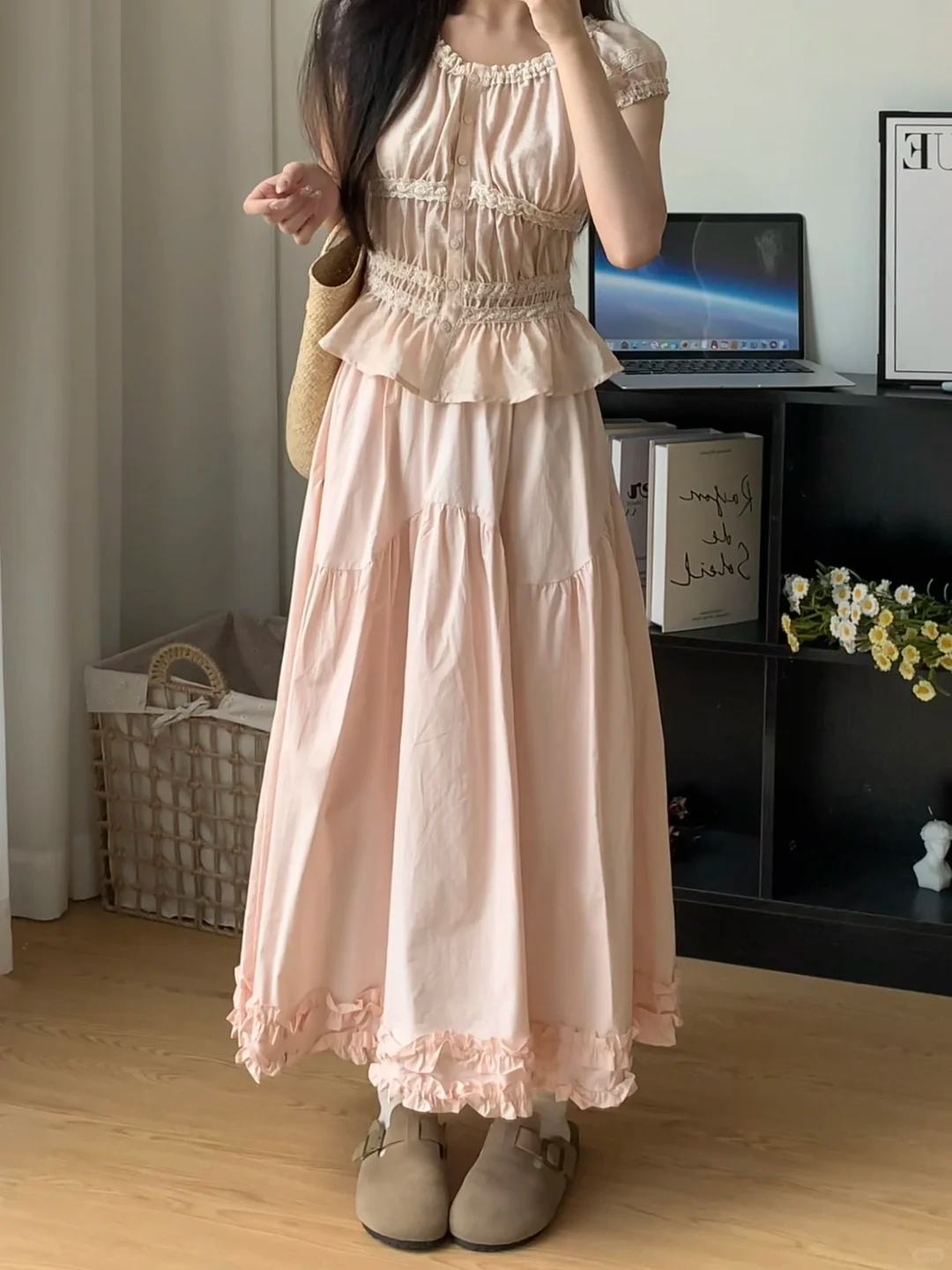 【시원한 드레이프 스타일】질감이 있는 버블사 끈 나시 원피스