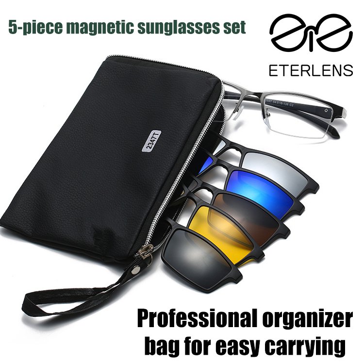 Men's Casual Half Frame Metal Frame with Magnetic Change Sunglasses Set Mirror