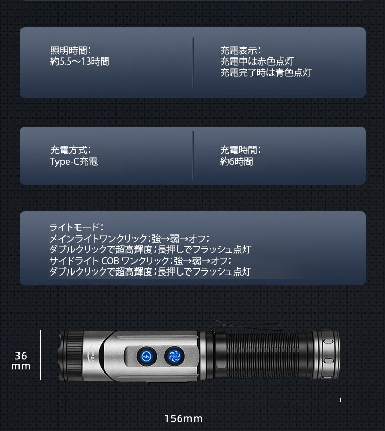 回転ヘッドデュアル光源付き高性能マグネット式強力懐中電灯