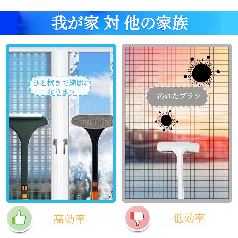 家庭用両面ブラシ 窓拭き 取り外しなし 両面掻き出し 掃除用具 スクリーンブラシ 高層ガラスクリーニングブラシ
