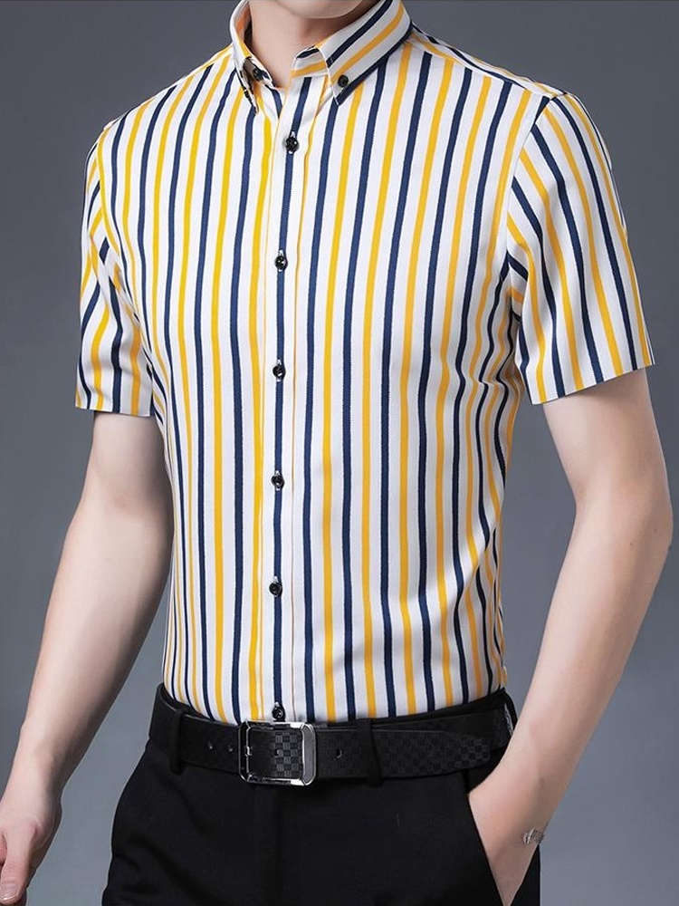 夏用ノーアイロン・シワ防止ストライプ半袖メンズシャツ