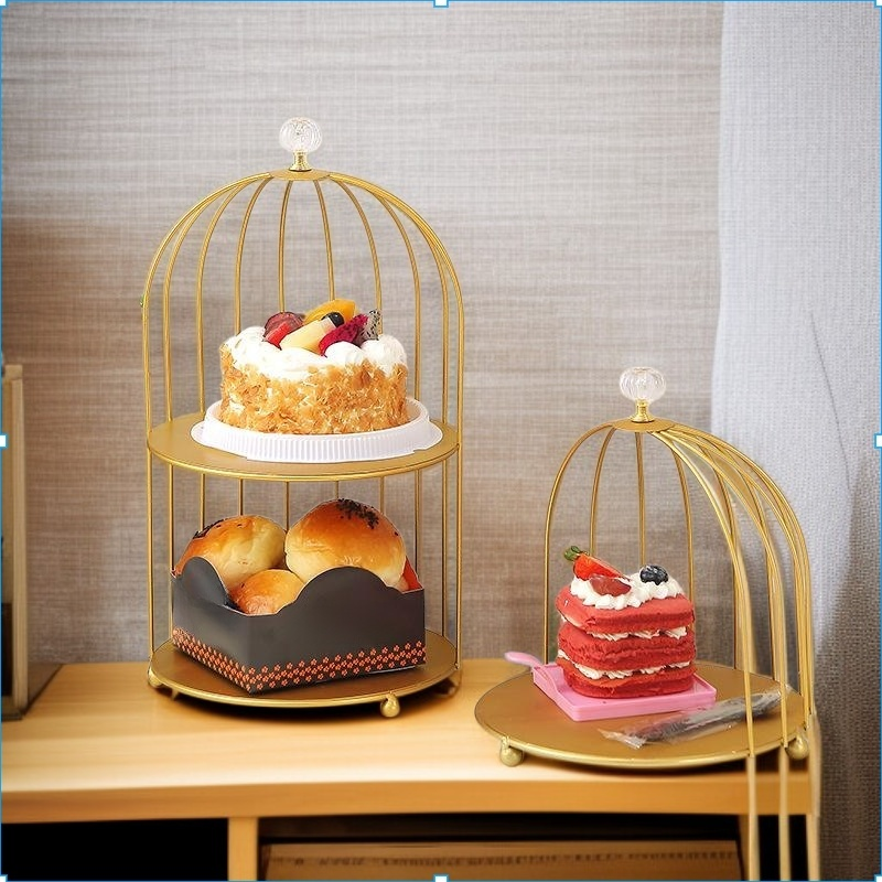 단철 이중층 황금색 새장 디저트 테이블 디스플레이 스탠드 장식품