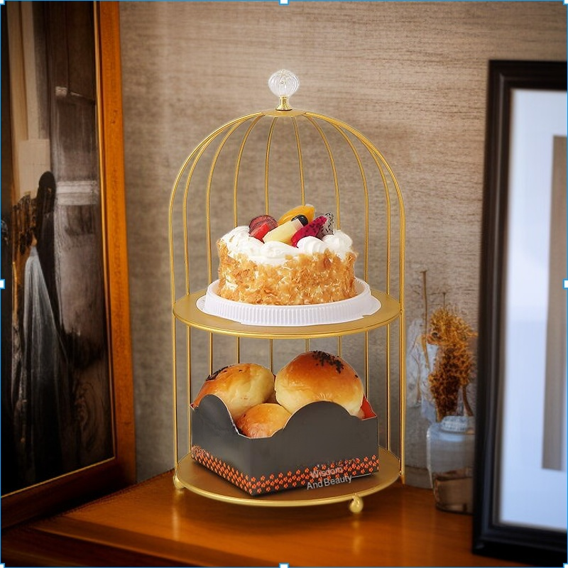 단철 이중층 황금색 새장 디저트 테이블 디스플레이 스탠드 장식품