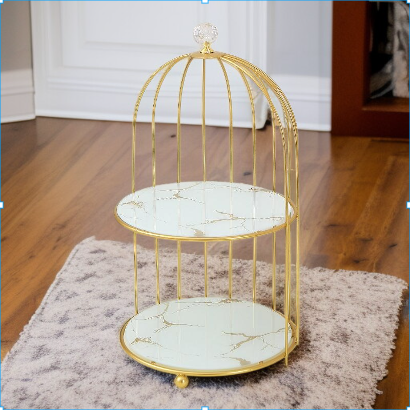 단철 이중층 황금색 새장 디저트 테이블 디스플레이 스탠드 장식품
