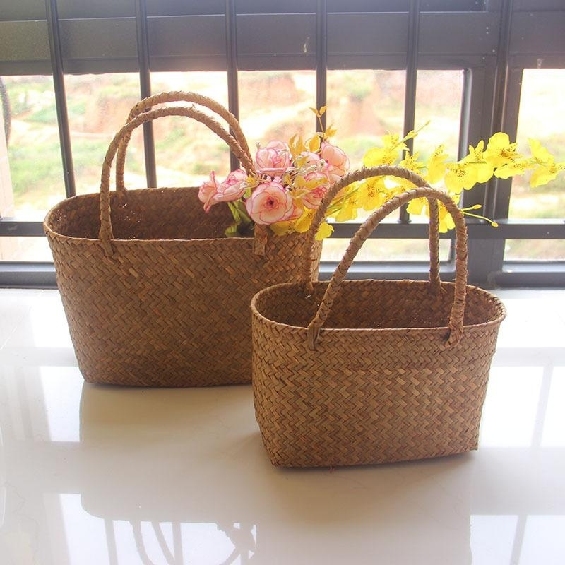 Flower straw woven basket gardening succulent plant handbag flower ba