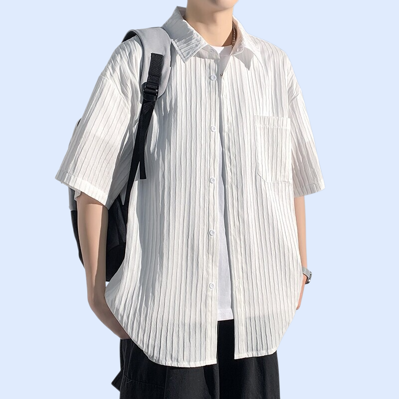 여름 캐주얼 세로 스트라이프 오픈카라 질감 루즈핏 반팔 셔츠 남성