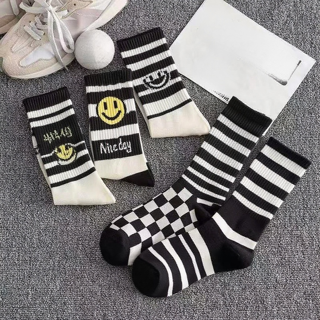 학원 커플 가을 겨울 양말 여중목 블랙 체크 스마일 스트라이프 패션 스타킹 풍조 스타킹