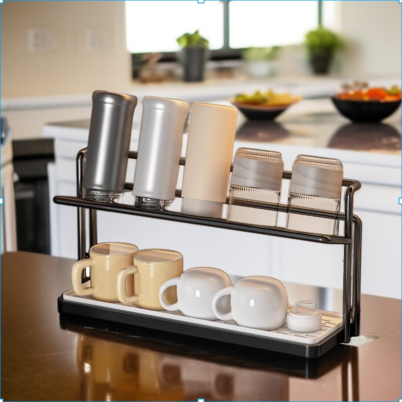 Cup rack storage rack kitchen table countertop water cup double layer drain tray rack