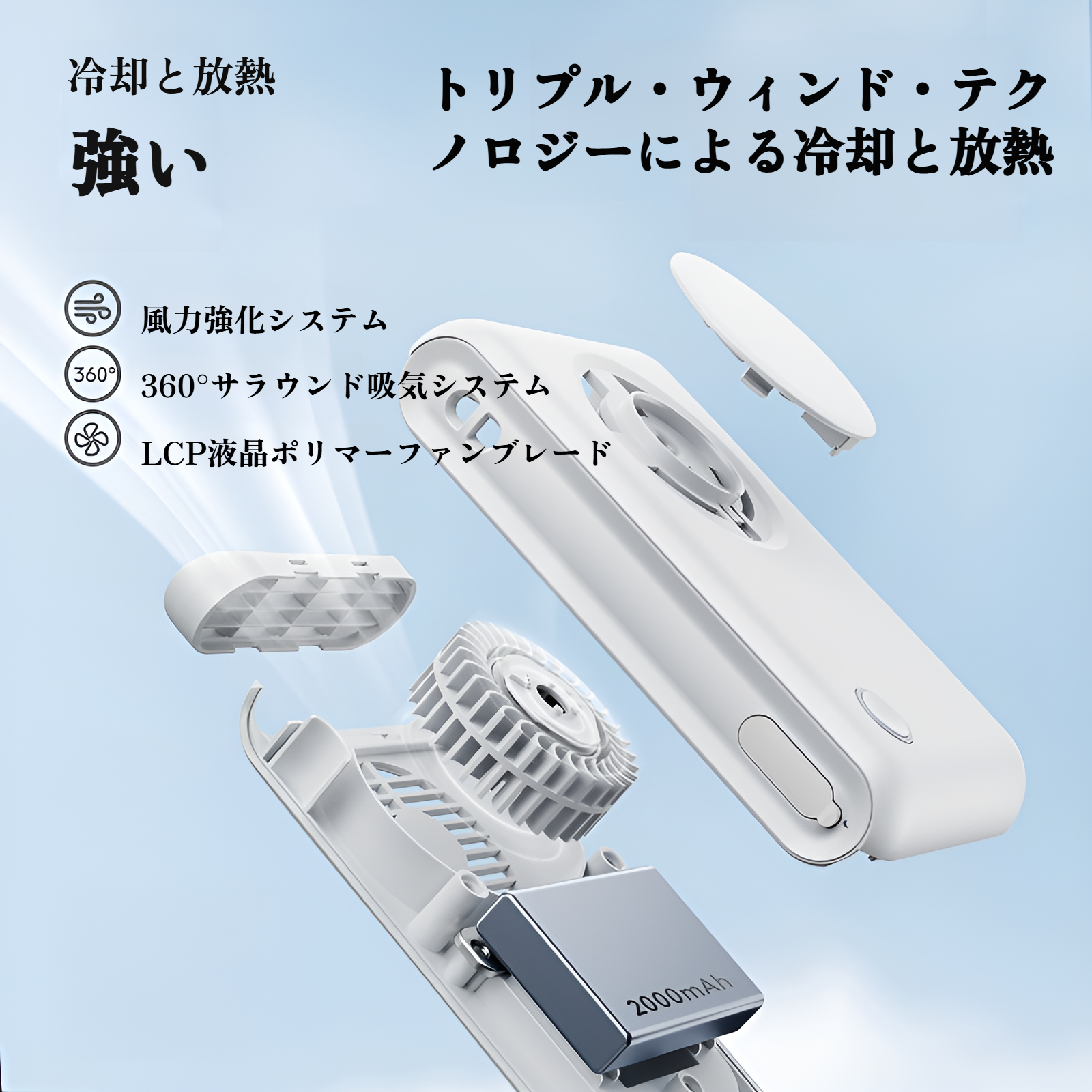 ベルトに取り付けた携帯扇風機の実物写真