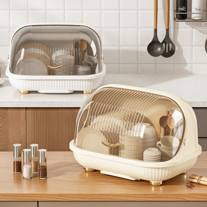 Large lidded kitchen dish storage box with draining dish rack