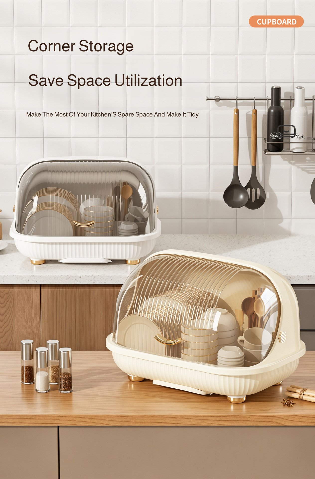 Space-saving kitchen dish storage box with built-in dish rack