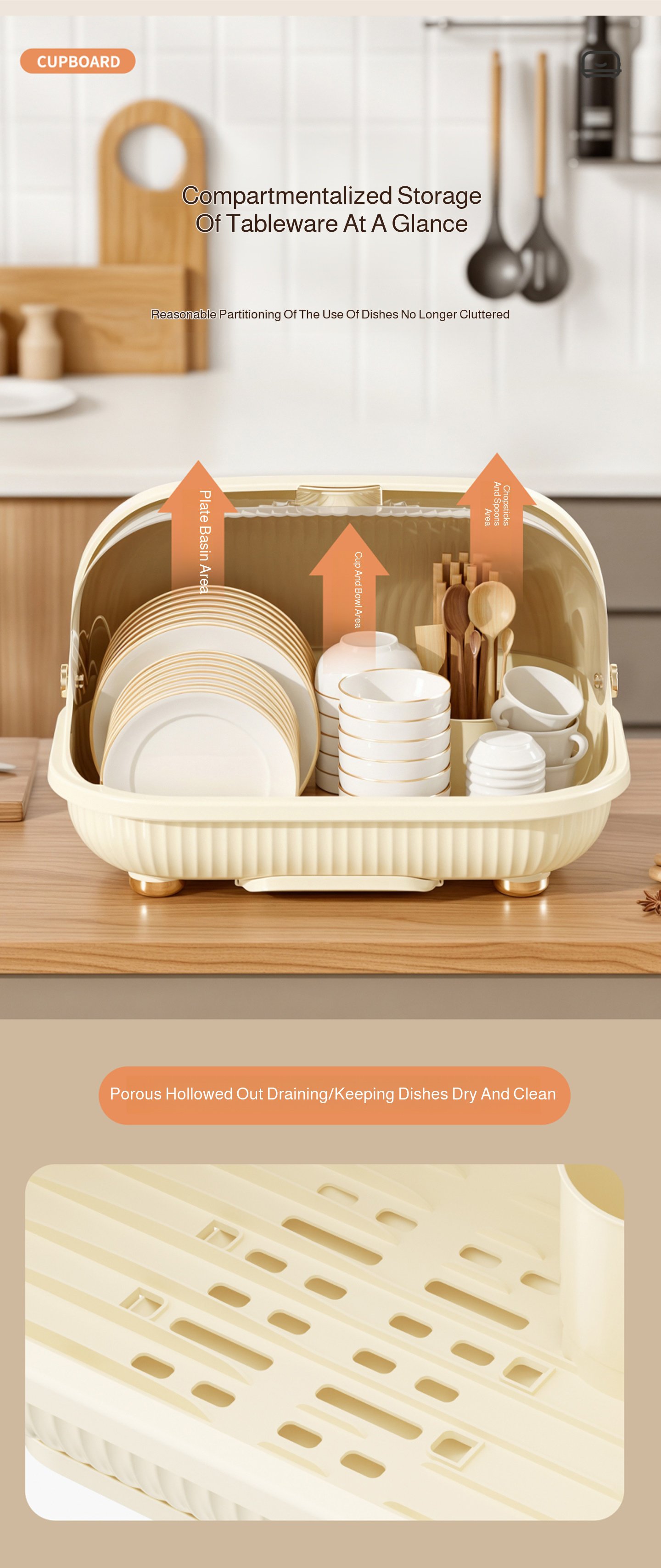 Draining dish rack inside large storage box for organized kitchen