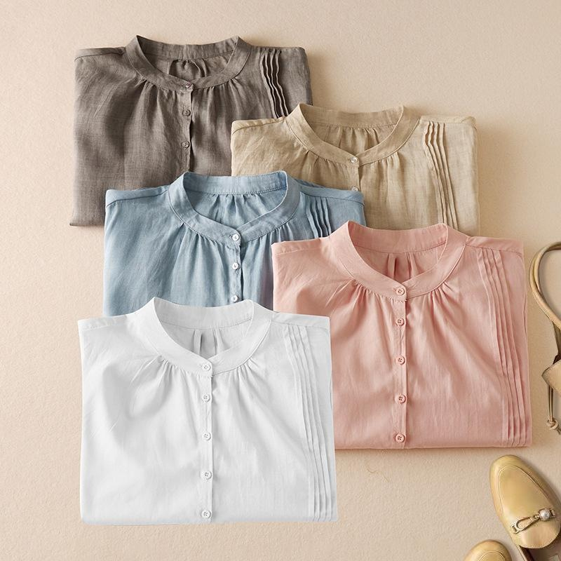 2025 여름 차이나 풍금 주름 면 마 5부 블라우스 여 여름 기질 드러나는 문예 티셔츠 블라우스 여