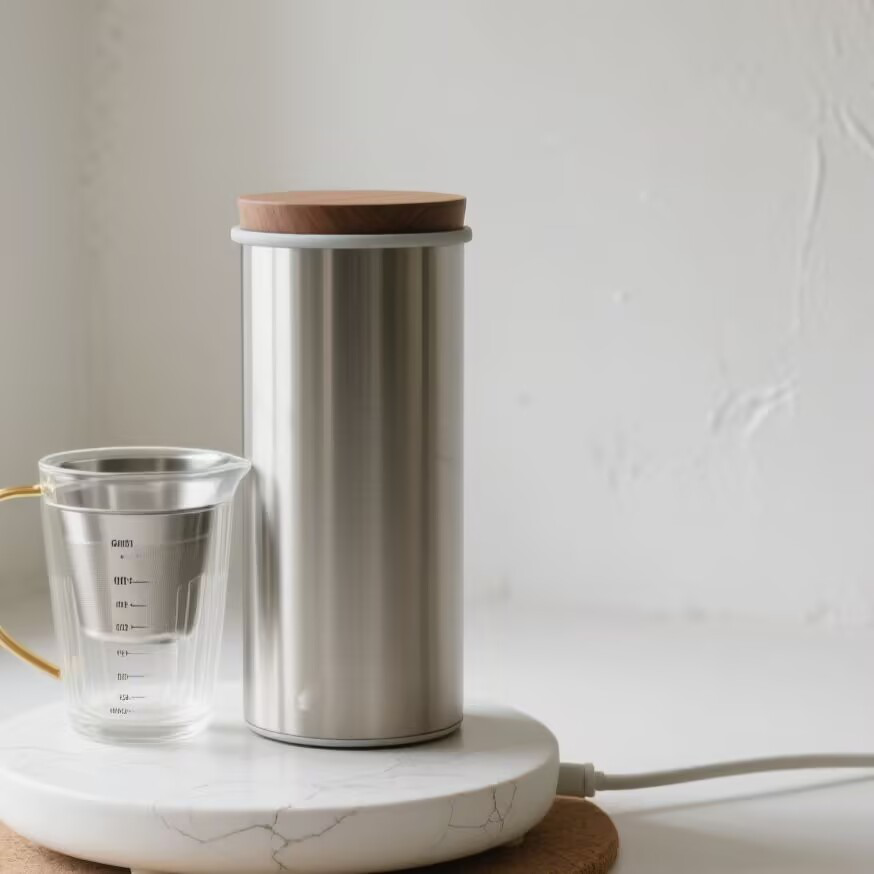 Odšťavňovač se stříbrným tělem a víkem z přírodního dřeva