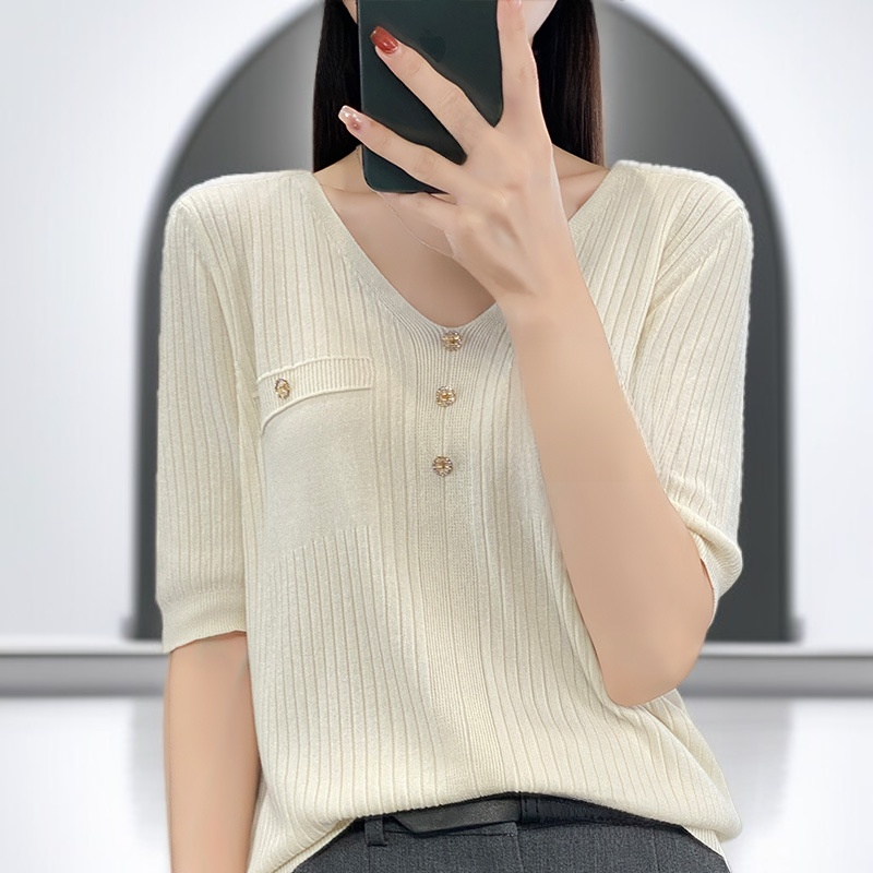 여름 아이스실크 V넥 반팔 티셔츠