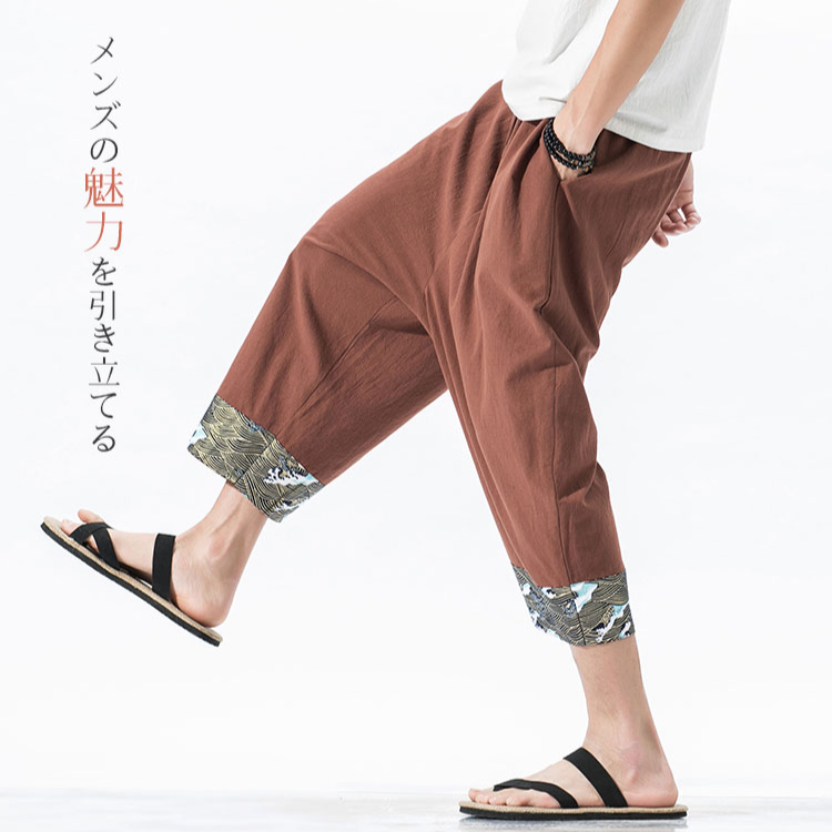 サルエルパンツ メンズ ゆったり 綿麻 プリント ハーフパンツ 7分丈 カジュアル