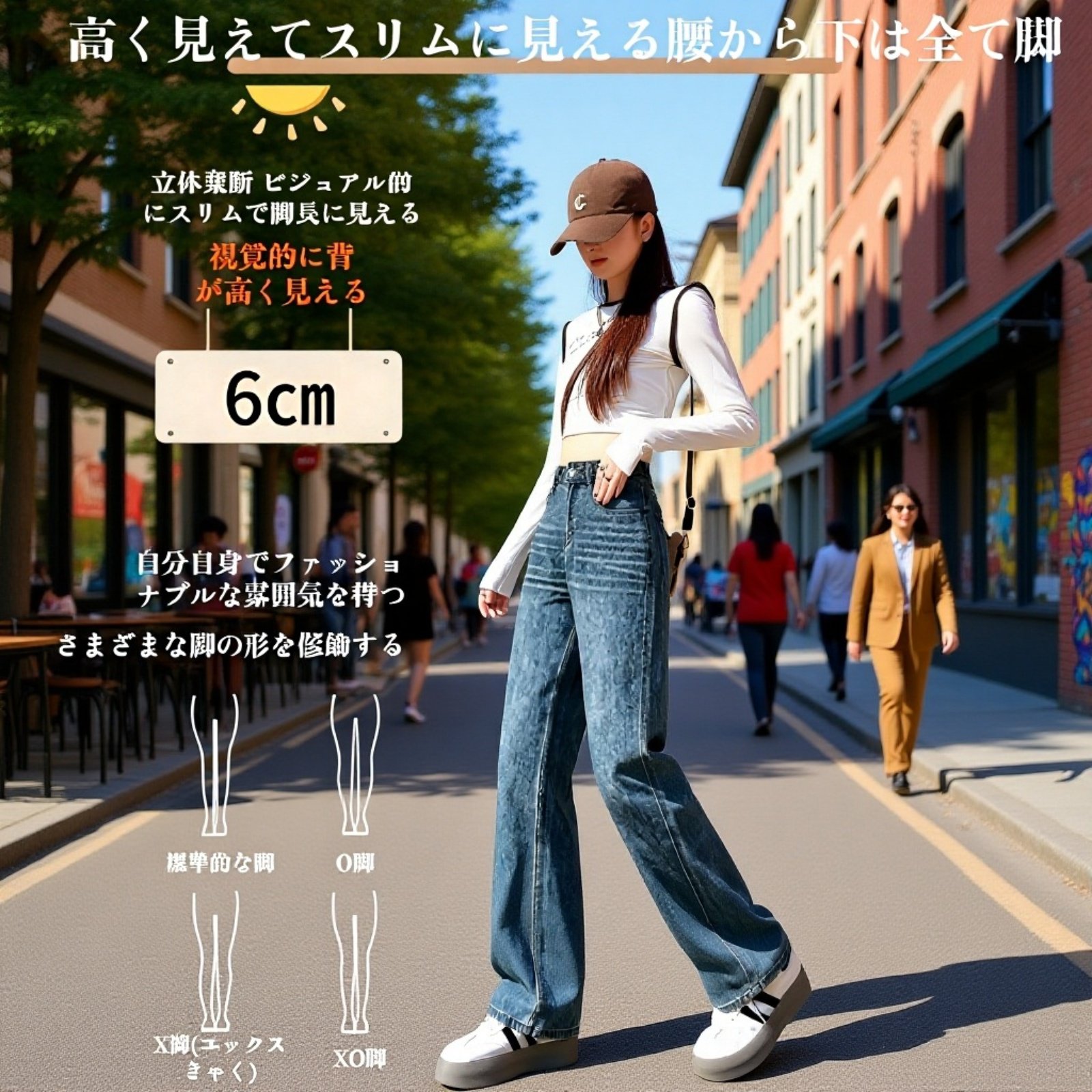 ヴィンテージ風ハイウエストブルースリムストレートジーンズ