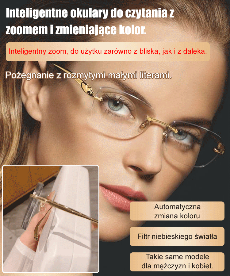 Inteligentne okulary progresywne z funkcją zmiany koloru i zoomu.