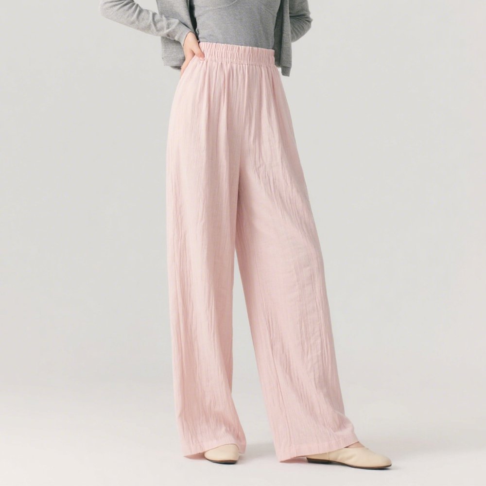 와이드 텍스처 팬츠 허리 밴딩 디자인