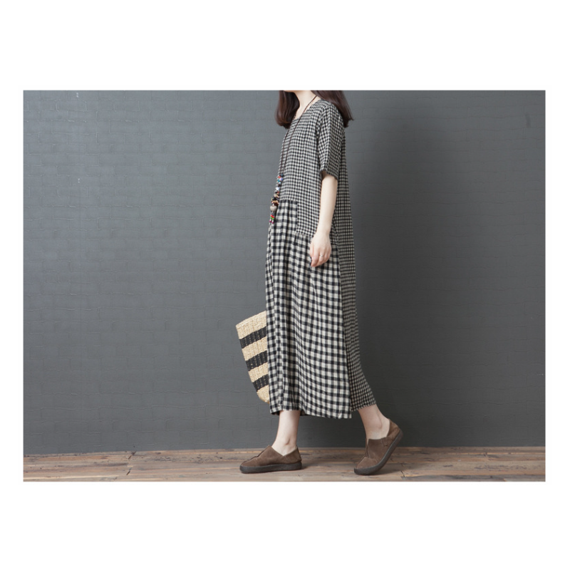 レディース大きいサイズゆったりチェック柄コットンリネンドレス 快適でスタイリッシュなコットンリネンドレス