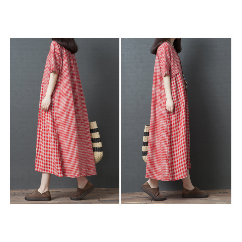 レディース大きいサイズゆったりチェック柄コットンリネンドレス 快適でスタイリッシュなコットンリネンドレス