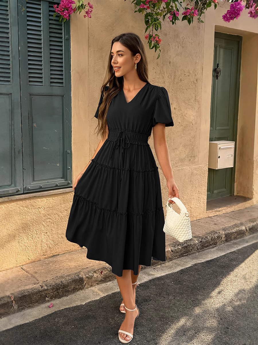 Šaty s krátkým rukávem a potiskem, výstřihem do V