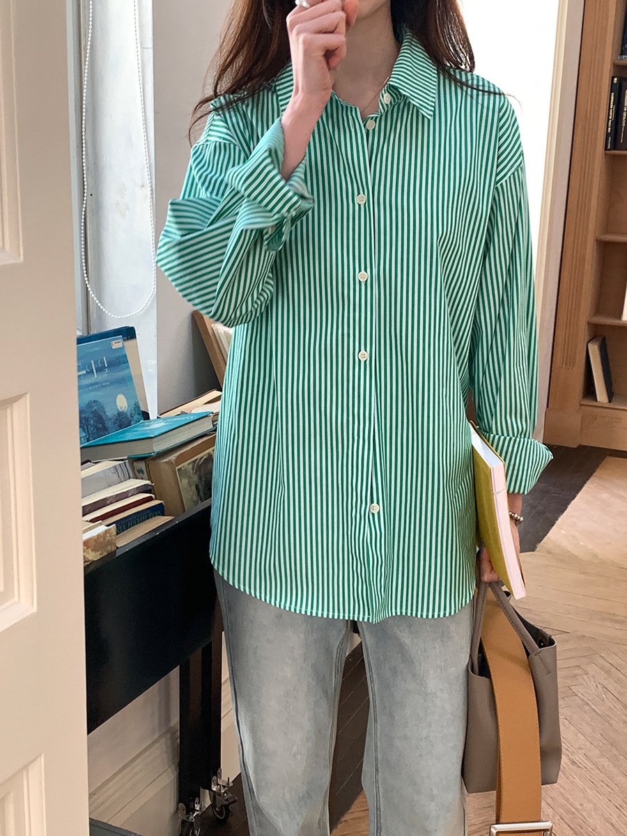 Women's loose wide lapel casual long-sleeved plaid shirt