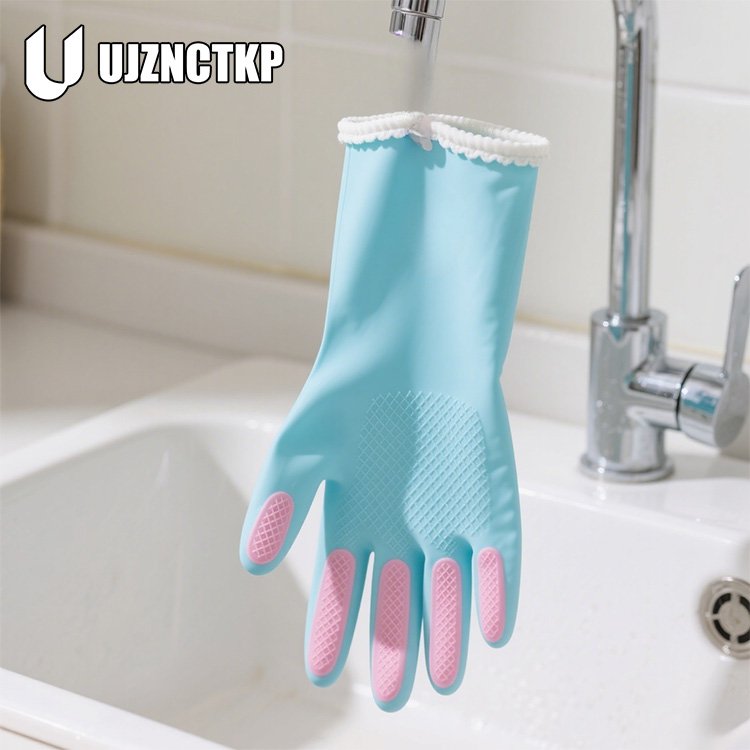 가정용 식기 세척 라텍스 장갑 착용 모습