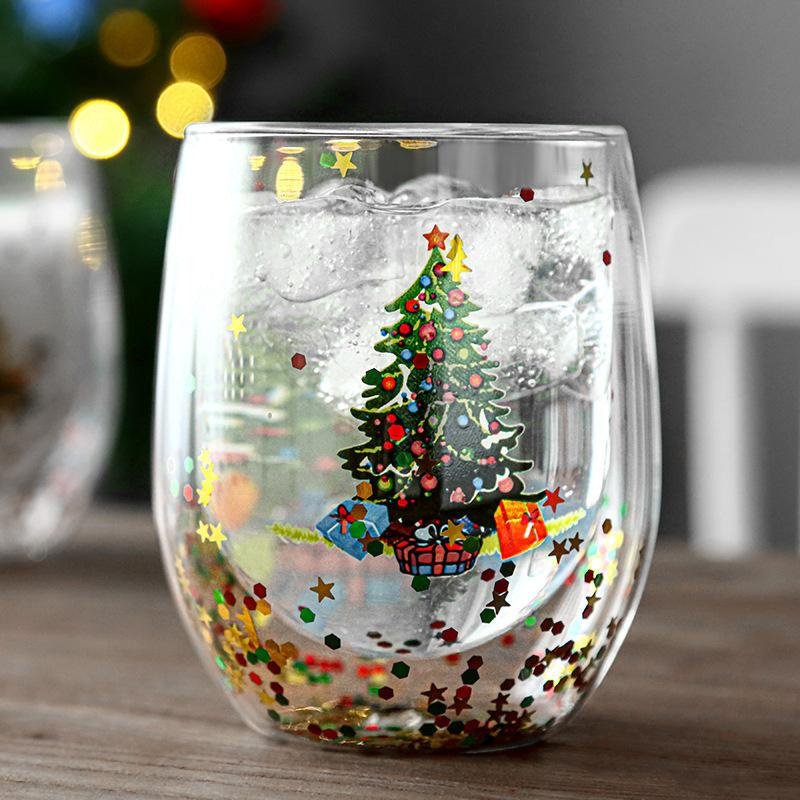 Weihnachtsbaum-Glasbecher mit doppelter Wand und beweglichen Pailletten