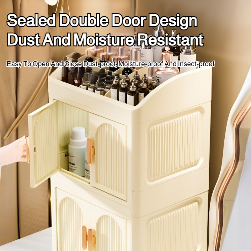 가정용 탁상 접이식 수납함 다용도 플라스틱 수납장 더블 도어 화장품 수납함 방진 레이어드 수납함