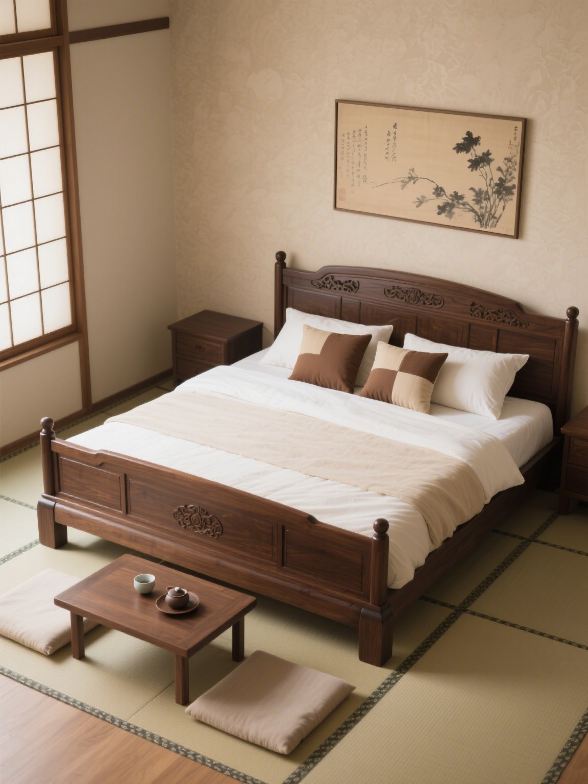 北欧風のシンプルな無垢材ダブルベッド全体画像