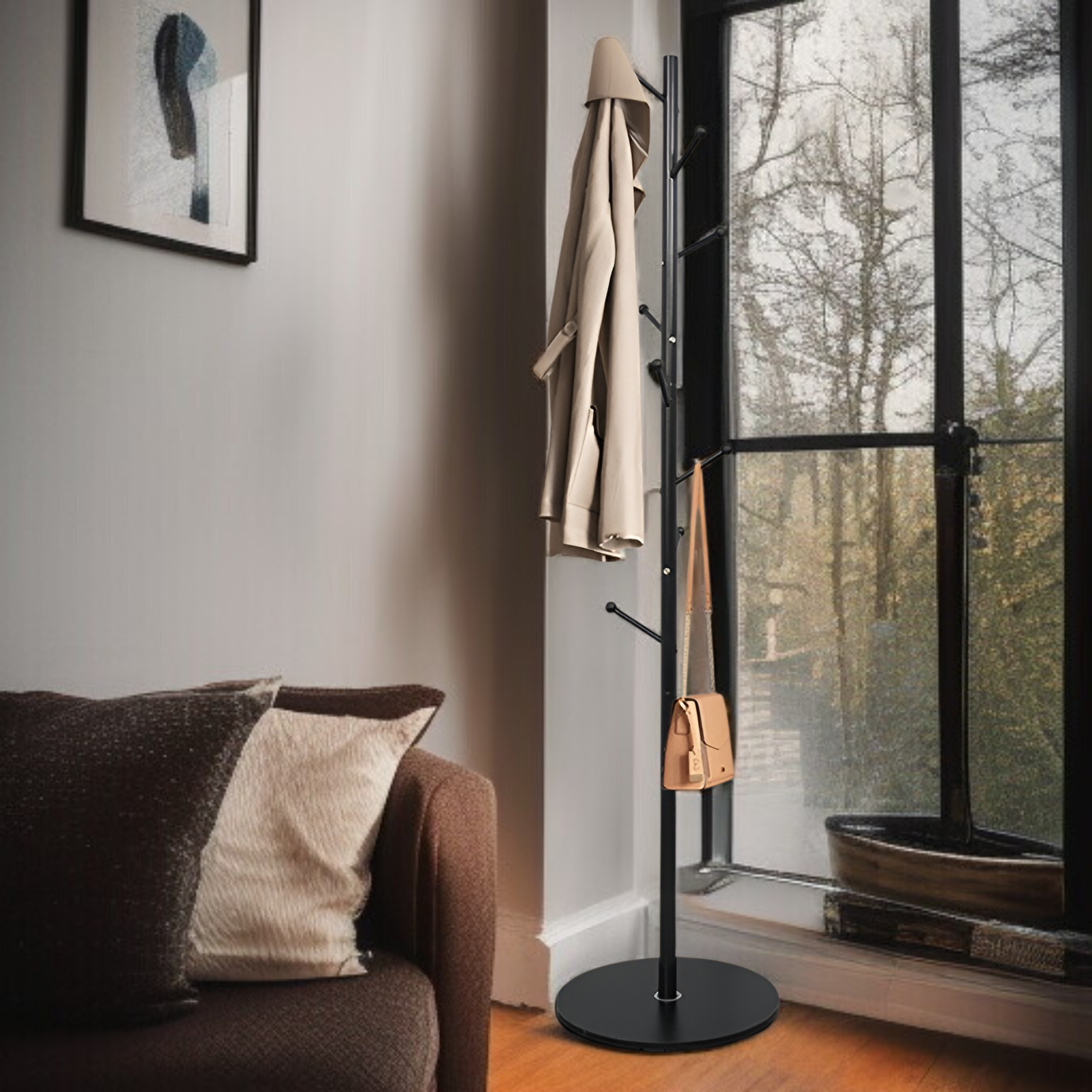 モダンシンプルなフロアスタンドバッグラック　フレンチスタイルアイロン掛け可能　ベース付き衣帽スタンド