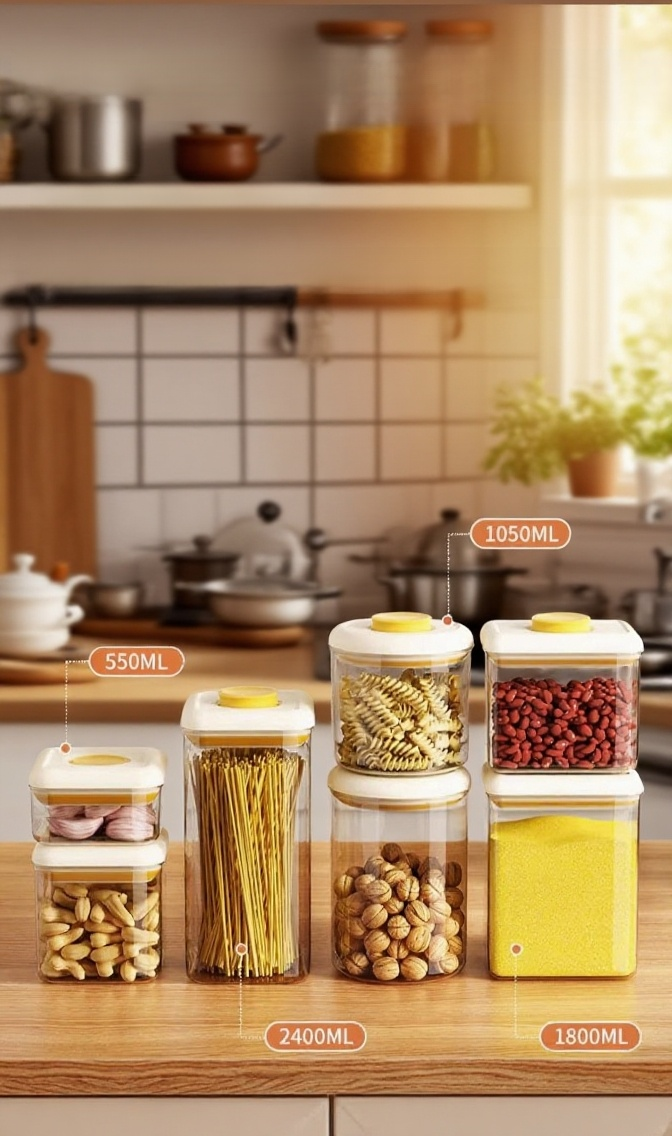 주방 선반에 정리된 곡물 및 시리얼 밀폐 용기