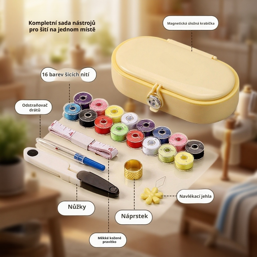 Organizér na šicí potřeby s magnetickým boxem na jehly a nitě