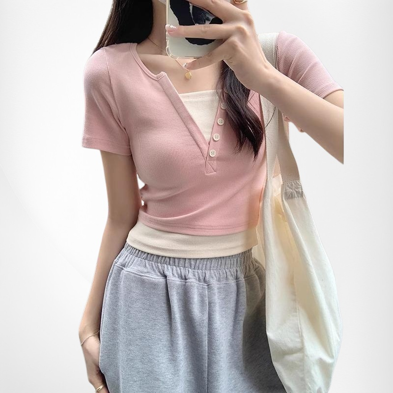 Schlankes Kurzarm Pinkes V-Ausschnitt T-Shirt für Damen