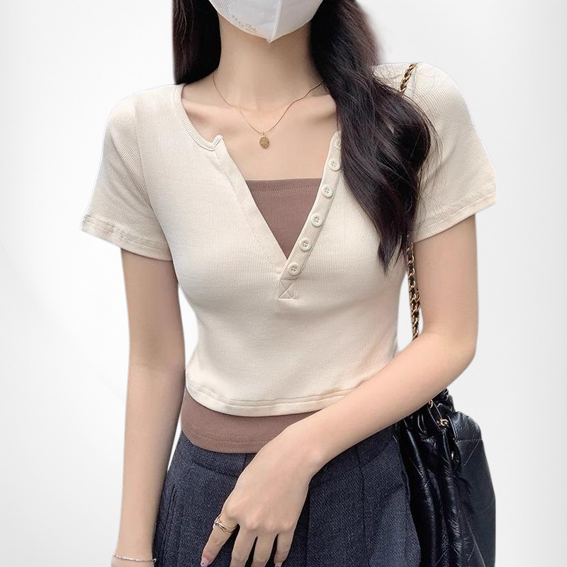 Schlankes Kurzarm Pinkes V-Ausschnitt T-Shirt für Damen