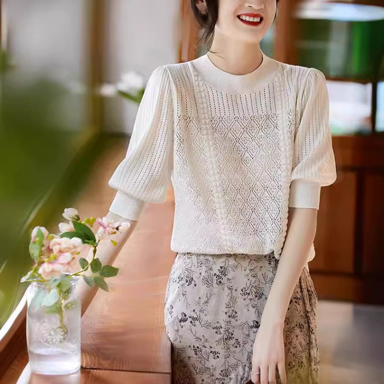 우아한 빈티지 랜턴 소매 반팔