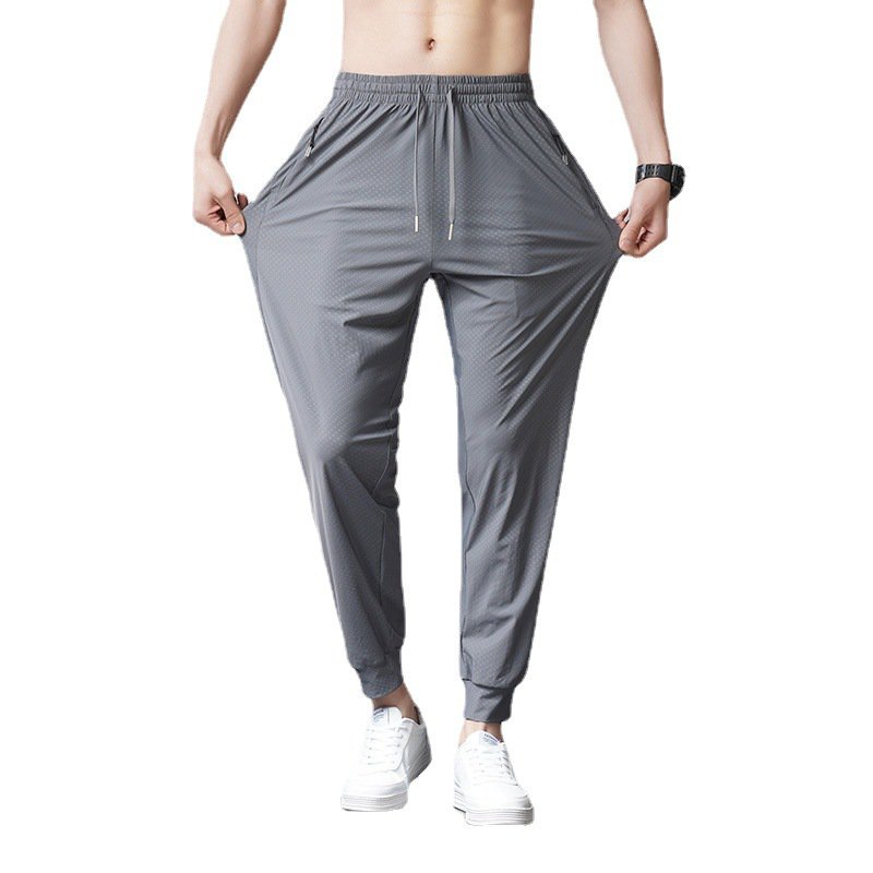 アイスシルク夏の通気性メッシュカジュアルパンツ 男性用薄手ハイストレッチ速乾スウェットパンツ プラスサイズ・デザイン・メッシュ・カジュアル・パンツ