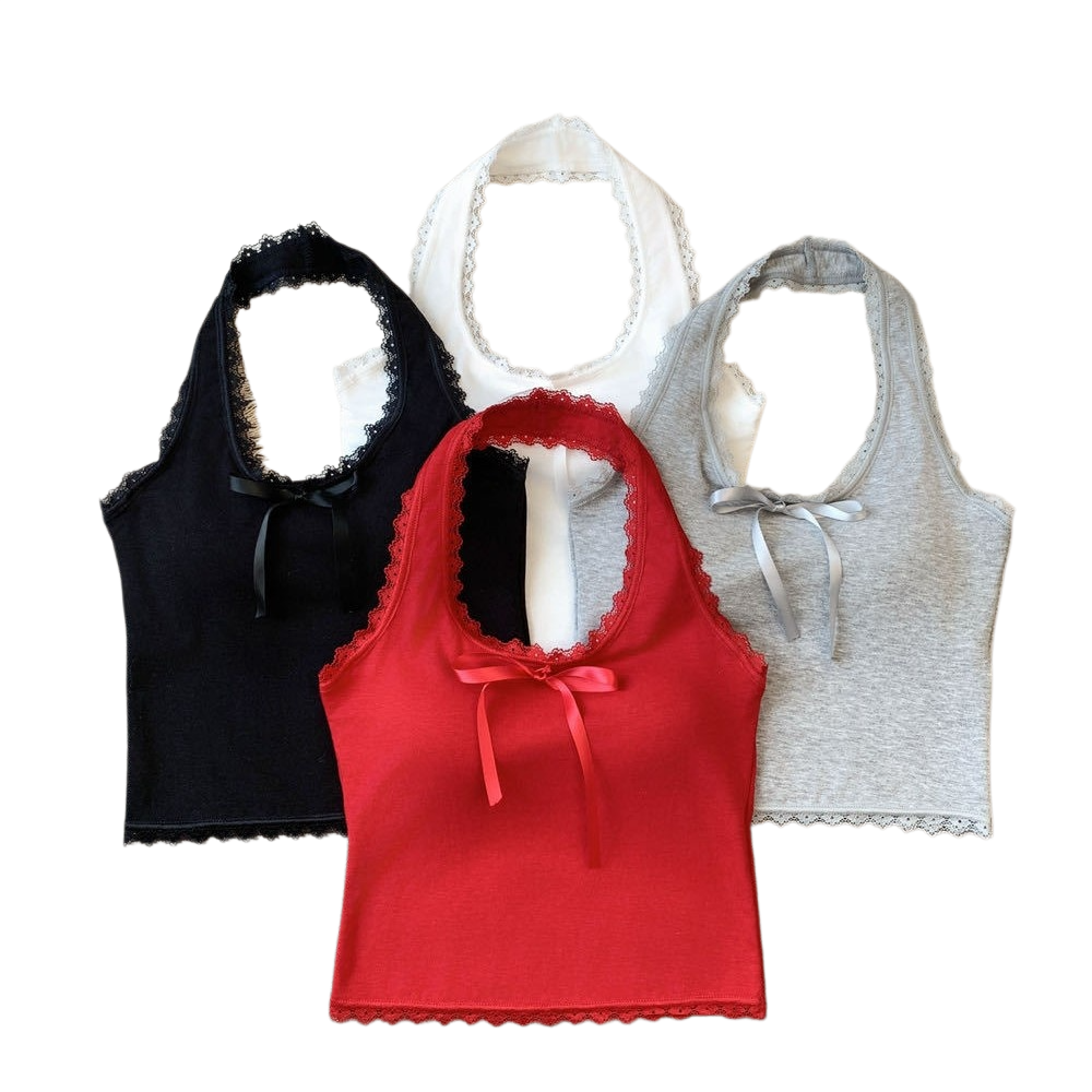 Pure Desire rückenfreies Neckholder-Camisole mit Spitzenspleiß, französische Schleife, schönes kurze