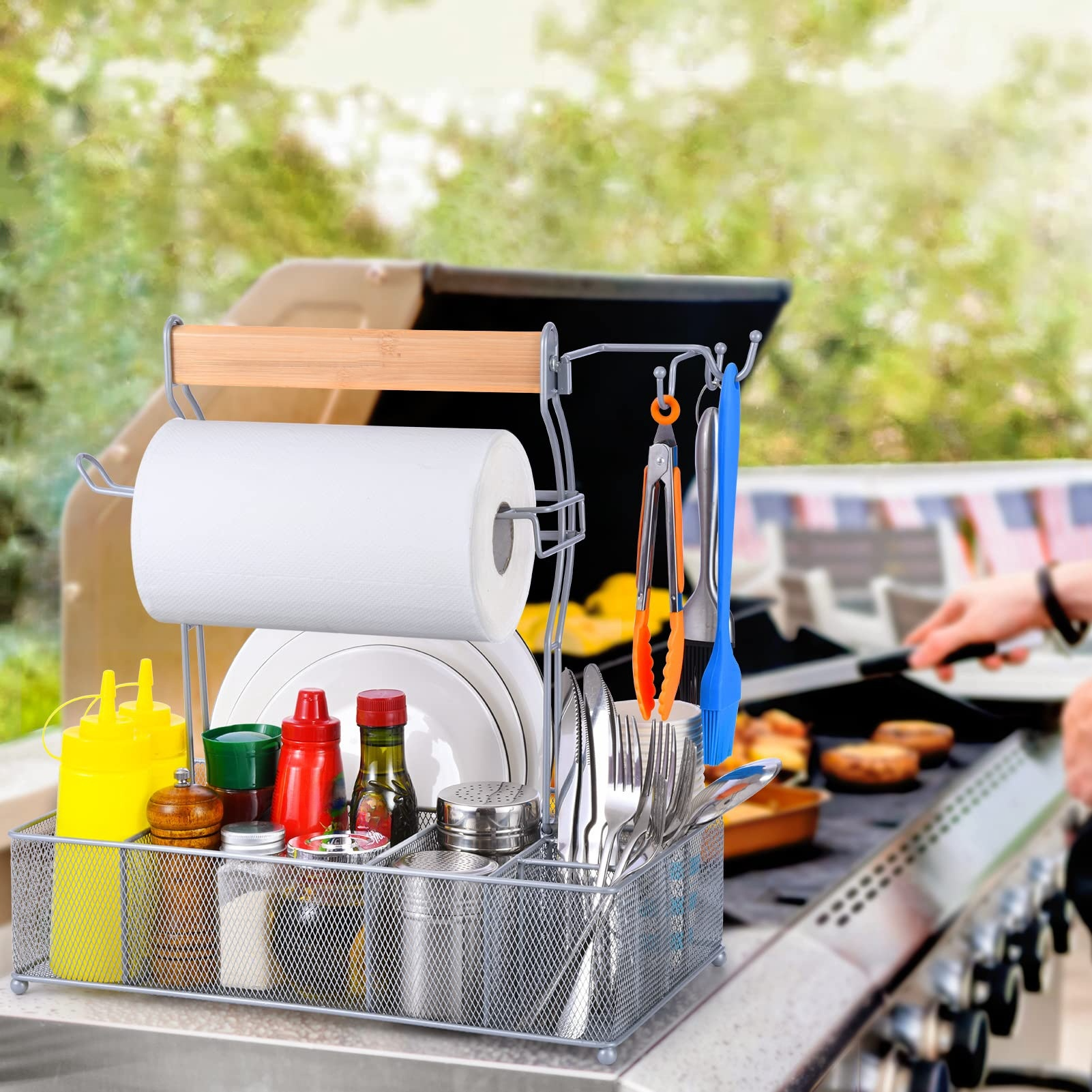 錬鉄製の木製ハンドル付きバーベキューバスケット折りたたみ式ハンドル収納バスケット調味料収納ラックBBQラック
