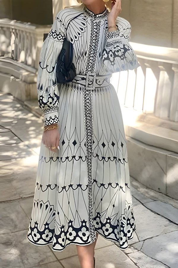 Palace Style Long Sleeve Printed Dress