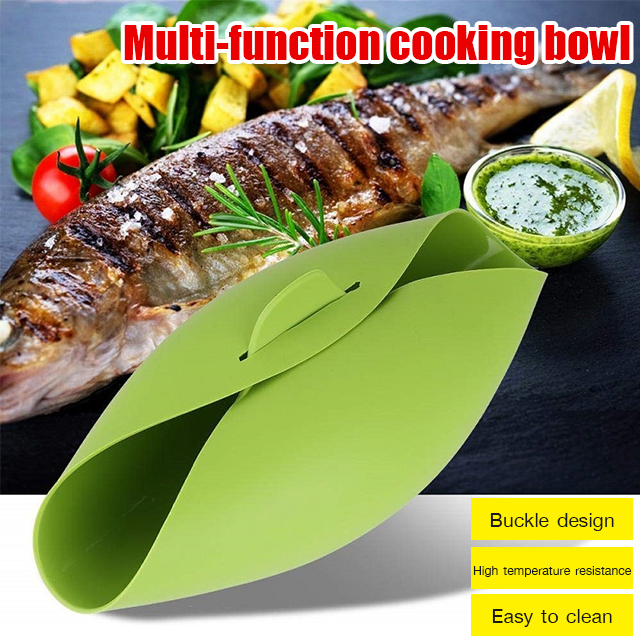 Silicone steaming cooking bowl microwavable and ovenable, silicone steaming fish bowl salad folding