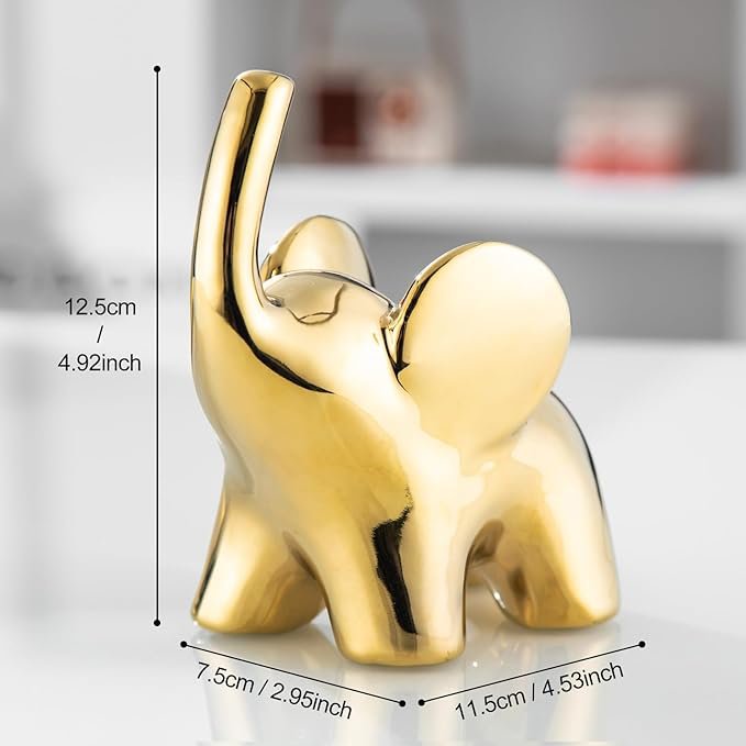 4.9인치(약 12.4cm) 높이의 세라믹 코끼리 인형 한 쌍, 금 장식, 가정 장식 거실, 선반 장식, 책장 장식, 데스크탑 장식, 사무실 장식, 반지 스탠드, 코끼리 장식