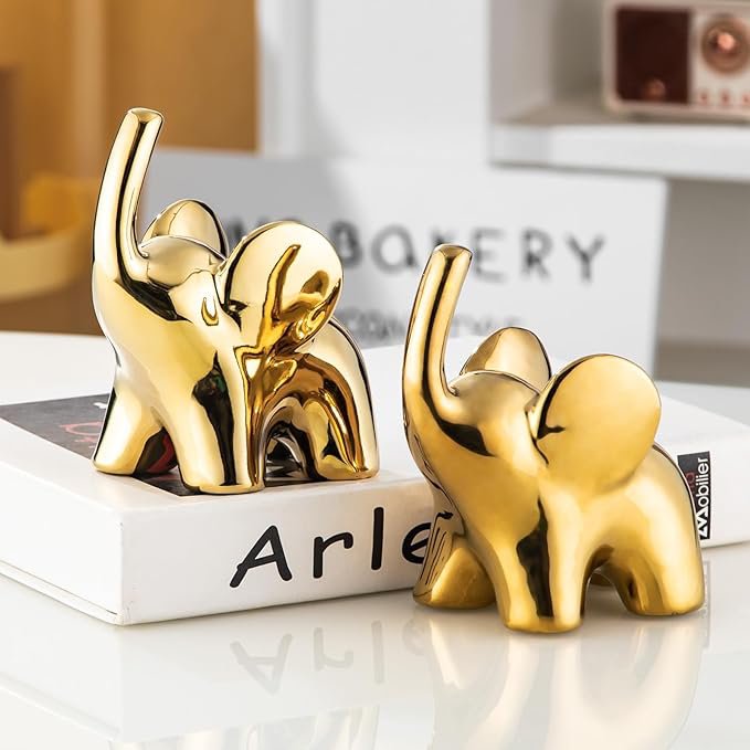 4.9인치(약 12.4cm) 높이의 세라믹 코끼리 인형 한 쌍, 금 장식, 가정 장식 거실, 선반 장식, 책장 장식, 데스크탑 장식, 사무실 장식, 반지 스탠드, 코끼리 장식