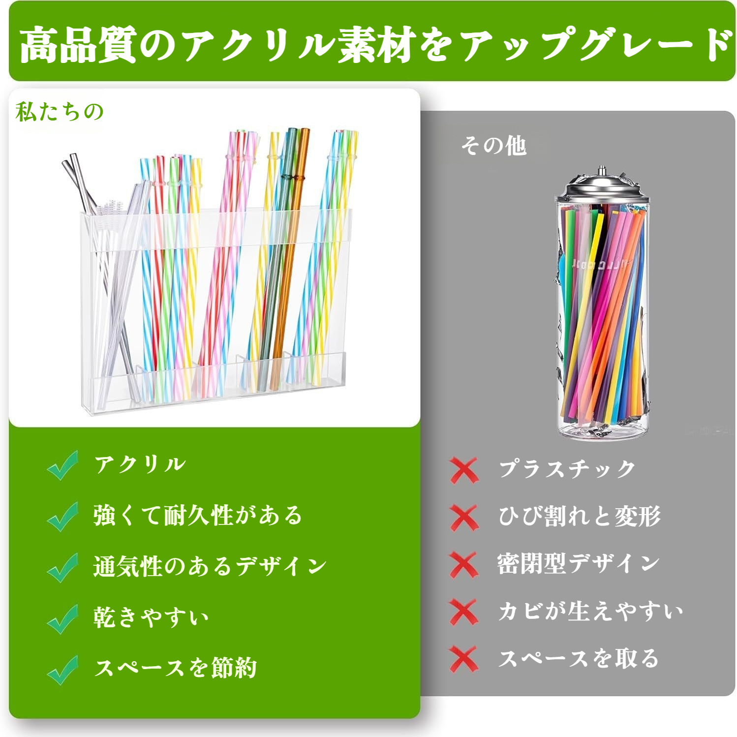 透明アクリル製ストローホルダー 両面テープ付き キッチンキャビネット用ストロー収納ラック