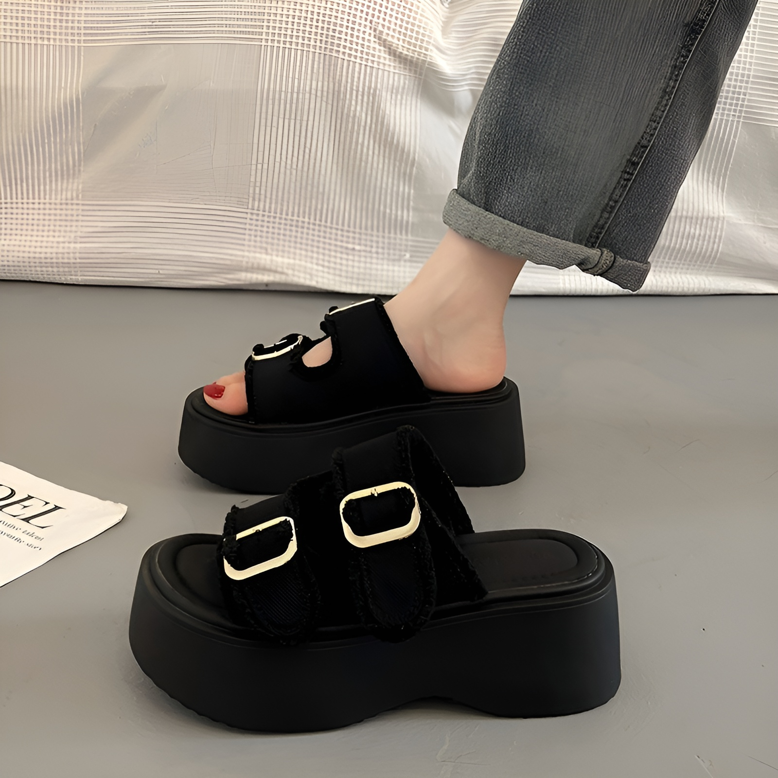 レディースシューズデニムキャンバス厚底スリッパレディース春夏アウトドアスリッパ新しい万能スリッパカジュアルハイヒールオープントゥサンダル