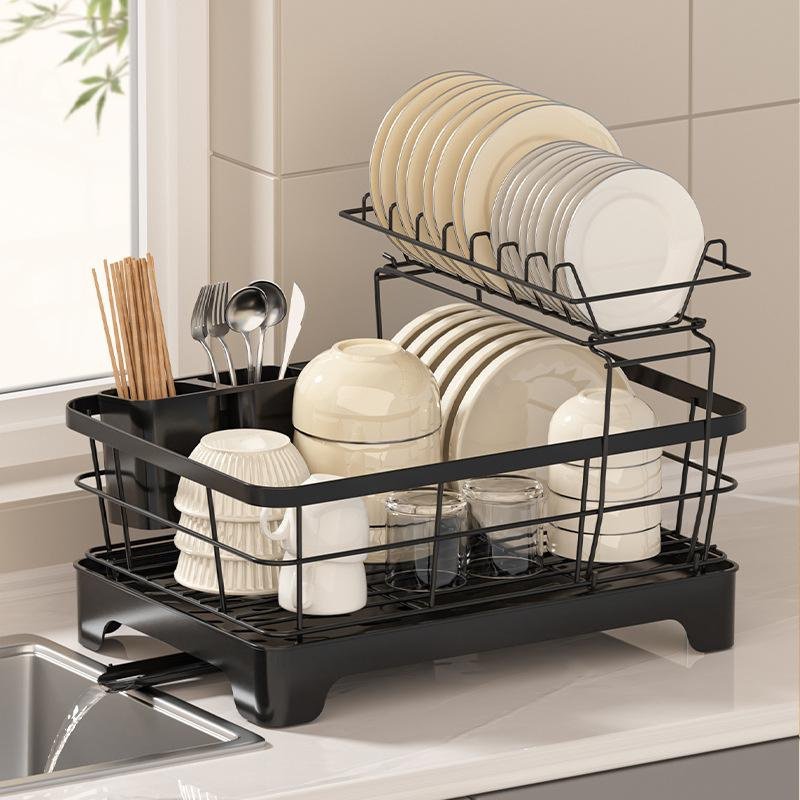 물빠짐 그릇 선반 가정용 탄소강 그릇 수납 선반 주방 선반 수저통 2단 그릇 선반 물빠짐 선반